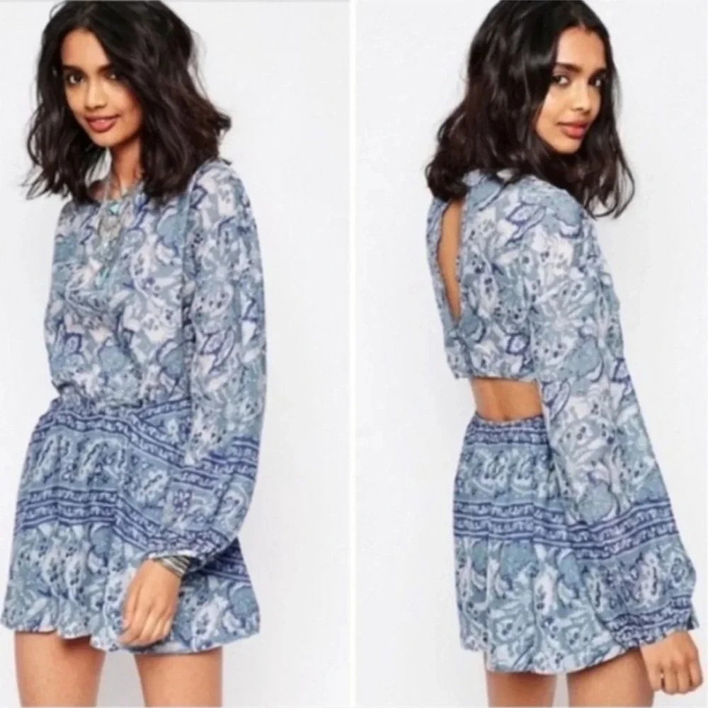 FREE PEOPLE Bohemian Mini Dress Silver Sun‎ Cutout Blue Washed Pockets, Medium